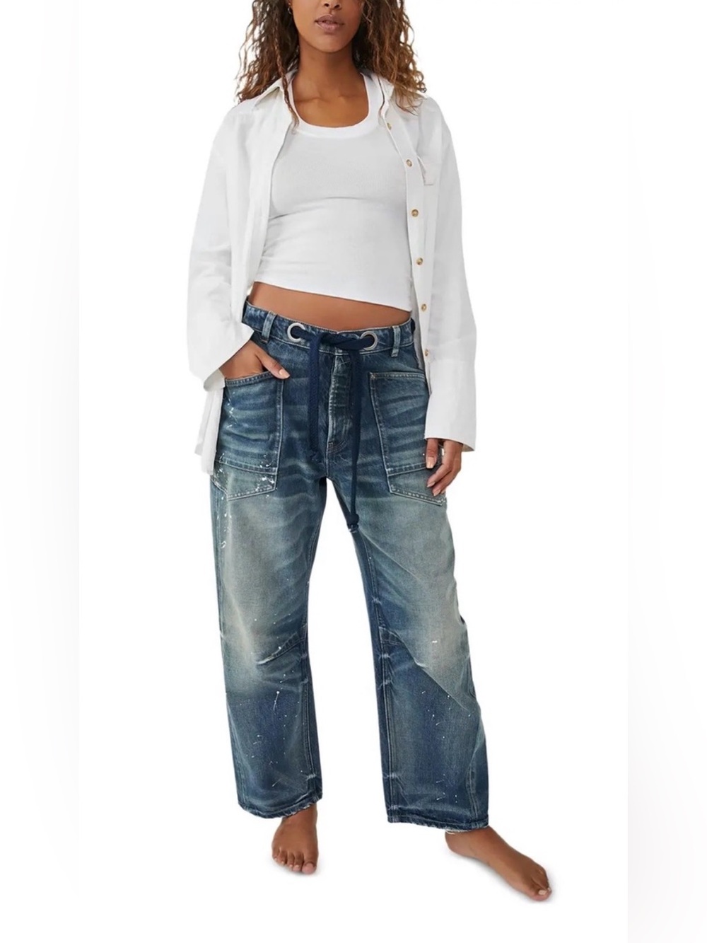 We The Free Blue Paint-Splatter Wide-Leg Barrel Jeans in Timeless Blue - Picture 2 of 9